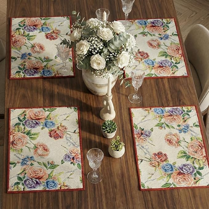 DaDa Bedding Vintage Romantic Roses Floral Dining Table Placemats - Set of 4-Pieces Tapestry Lovely Valentine Blossoms Spring Summer Garden - Decorative Linen Woven Kitchen Mats - 13” x 19” (879)