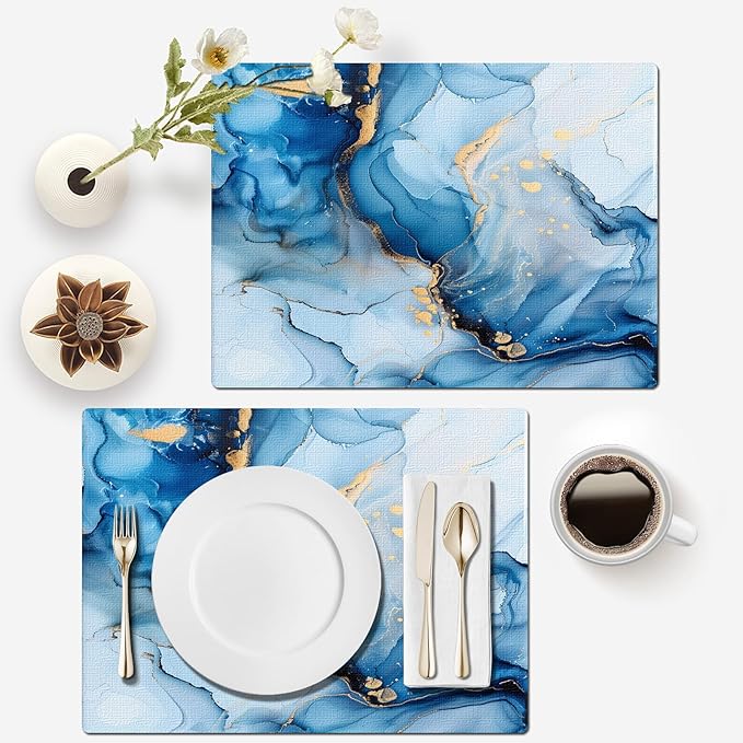 Mcalk Blue Marble Table Runner and Placemats Set of 6, Marble Print Placemats, Modern Cloth Place Mats Indoor for Kitchen,Washable Linen Material for Dining Table