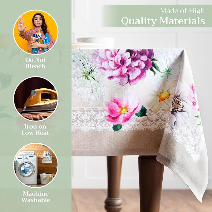 Maison d' Hermine Table Cloth Rectangle Table 100% Cotton 60 x 90 Inches Tablecloth Reusable Decorative for Dining Room Farmhouse Home Valentines Day Decorations Spring Summer - Pivoine