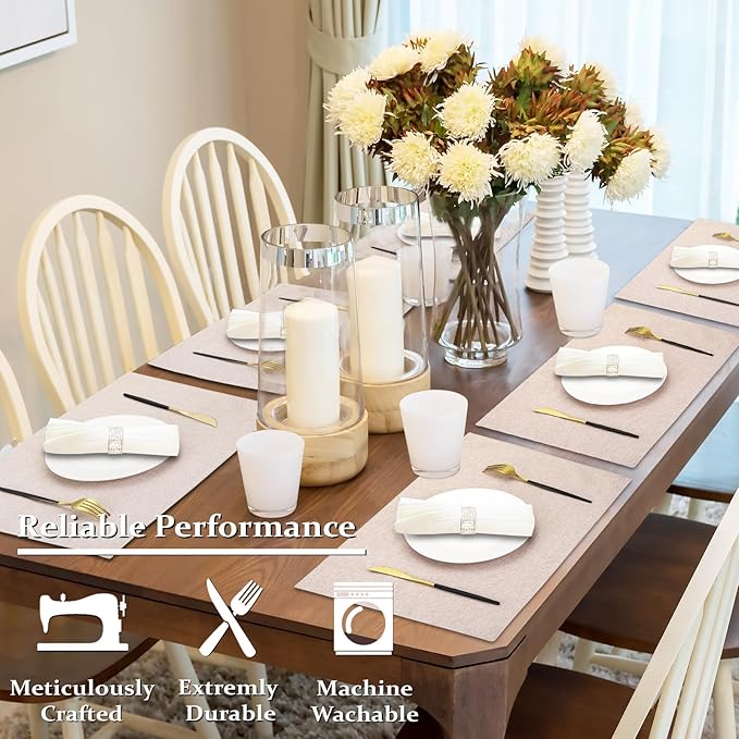Cloth Placemats Set of 6, Cotton Linen Blend Machine Washable Double Layered Durable Place Mats Heat Resistant Placemats Wrinkle Free Thick Fabric Dining Table Mats (Light Linen, 6)