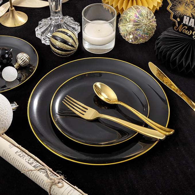 KIRE 200Pcs Black Plastic Plates - Black and Gold Plates Disposable for Party - Include 100 for Dinner and 100 for Dessert for Birthday/Wedding/New Year