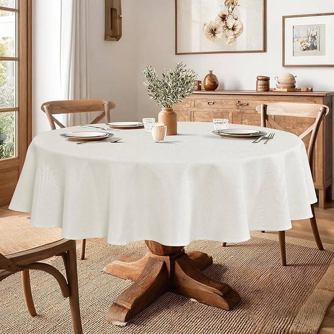 JIUZHEN Faux Linen Round Tablecloths 84 inch, Decorative Wrinkle Free Texture Rustic Circle Table Cloth Cover for Kitchen, Dining, Party, Wedding, Outdoor Use (84 Inch Round,White)
