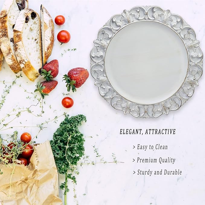 13" Antique White Charger Plates, Set of 6 Plastic Textured Chargers for Dinner Plates with Embossed Rim, Table Décor, Party, Wedding, Holiday