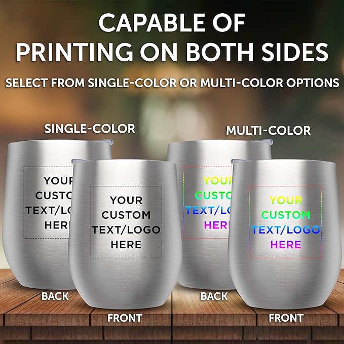 Custom Stemless Wine Glass Tumblers with Lids by Largo 11 oz. Set of 6, Personalized Bulk Pack - Perfect for Wine, Cocktails, Other Hot & Cold Beverages - Silver