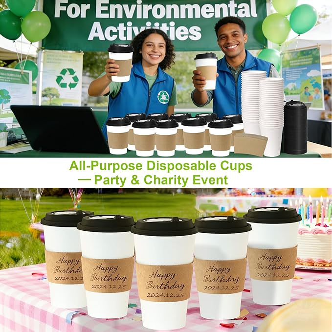 100 Pack 16 oz Disposable Coffee Cups with Lids and Sleeves, To Go Coffee Cups with Lids, Leak-Proof Hot Coffee Cups, PLA Black Paper Coffee Cups for Hot Beverage