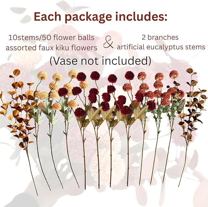 RyddeligHome Fall Flowers, Burnt Orange Faux Kiku Flowers Artificial 10 Stems + Eucalyptus, Fake Red Orange Mums Floral Centerpiece, Terracotta Mini Balls Faux Stems for Vase, Decoración de Otoño