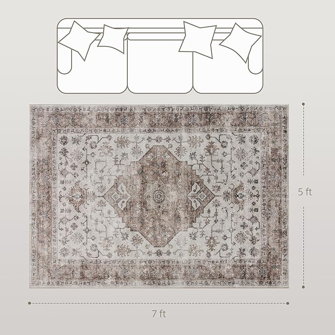 HOMCOM Washable Area Rug, 5'x7' Vintage Indoor Distressed Carpet, Retro Floor Cover Foldable, Floral Print Mat for Living Room, Bedroom, Dining Room, Tan