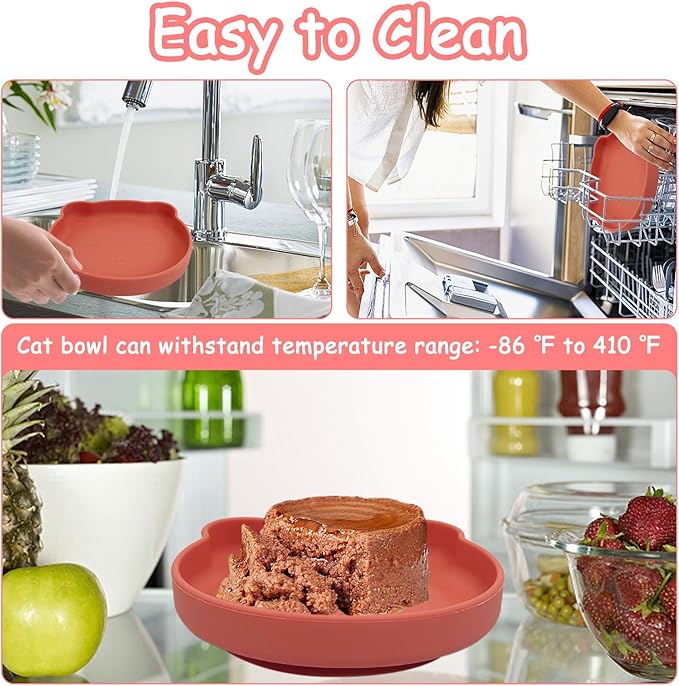 Silicone Cat Food Bowl Suction Cup Cat Dish 7" Shallow Cats Food & Water Bowls Set of 2 Non-Slip Kitty Plates Relief Whisker Fatigue Puppy Feeding Bowl for Dry & Wet Food (Red)