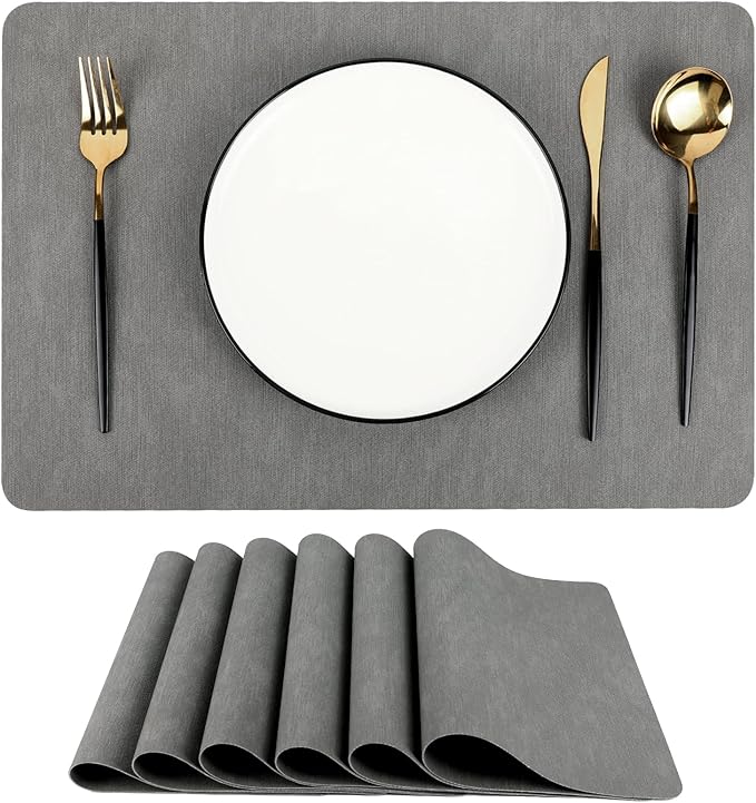Gray Reversible Faux Leather Placemats – Set of 6 Waterproof, Heat-Resistant & Easy-to-Clean Table Mats for Modern Dining