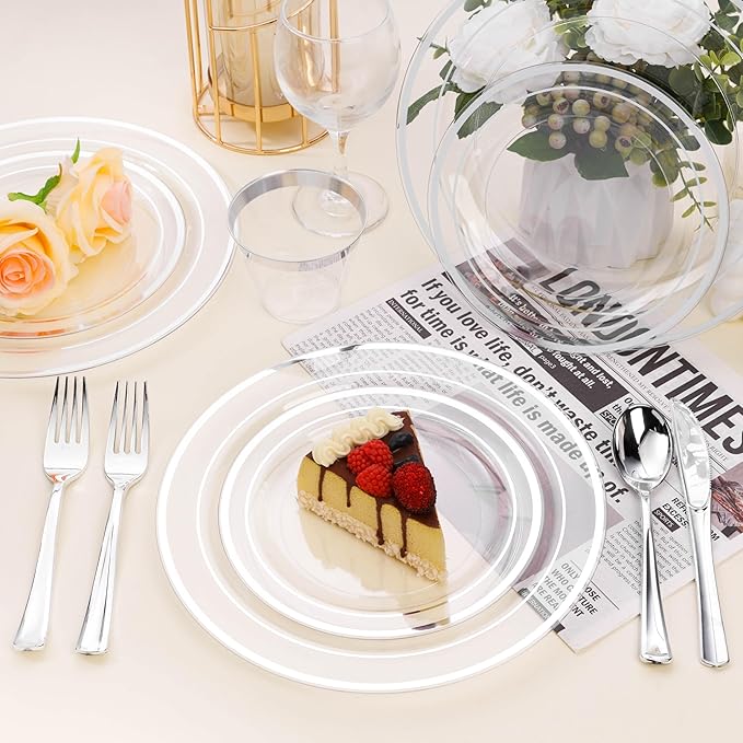 BESTSTAR 100PCS Clear Plastic Plates for Party, 10.25 Inch Disposable Plates with Silver Rim, Heavy Duty Dinner Plates for Christmas, Wedding and Birthday