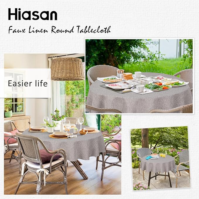 Hiasan Round Linen Table Cover 70 Inch - Wrinkle and Stain Resistant Washable Polyester Fabric Table Cloth for Dining Room Kitchen Party, Stone