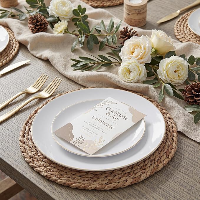 KIRE 60PCS Gold Plastic Plates - Thanksgiving Heavy Duty White Disposable Plates with Gold Rim for Party/Wedding- Include 30Pieces 10.25inch Dinner Plate and 30Pcs 7.5inch Dessert Plate