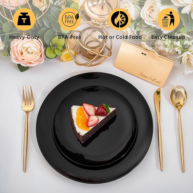 I00000 200 PCS Black Plastic Plates for 100 Guests Include: 10.25 inch 100 Pieces Dinner Plate and 7.5 inch 100 Pieces Dessert Plate, Premium Plastic Plates Perfect for Birthday, Wedding & Party