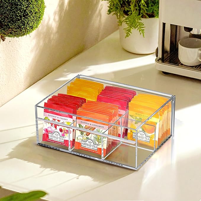 Amazing Abby - Tea-Rrific - 2-Pack Acrylic 6-Compartment Tea Bag Organizer, Clear Plastic Tea Box, 6-Slot Tea Chest, Perfect Tea Storage Solution for Kitchen Cabinet, Countertop, Pantry, and More