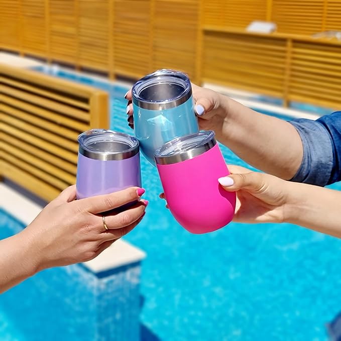 CHILLOUT LIFE 12 oz Stainless Steel Wine Tumbler with Lid - Double Wall Vacuum Insulated Wine Cup Glass Keeping Cold & Hot for Coffee, Champagne, Cocktails, Ice Cream - Purple Sparkle