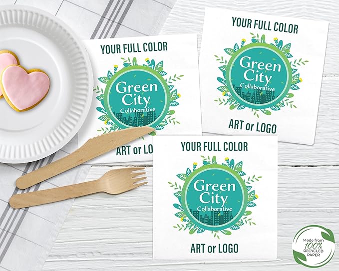 B.E. Green 100% Recycled Custom Cocktail Napkins - Personalized 100% Recycled Napkins - Eco-friendly & Full-Color Digital Printed - Weddings, Events & Celebrations - Pack of 50 - Non-Embossed, 5"x 5"