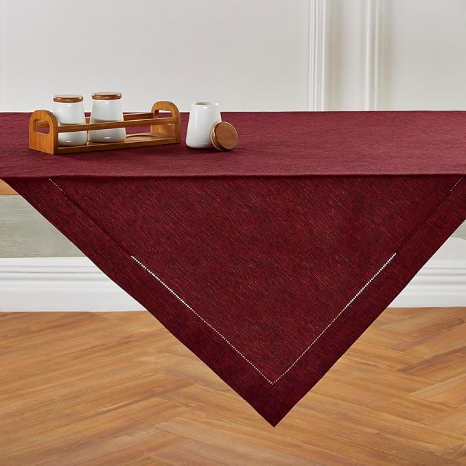 Solino Home Linen Square Tablecloth 52 x 52 Inch - 100% Pure Linen Red Garnet Table Throw - Milan Hemstitch, Machine Washable Table Cloth for Valentines, Winter