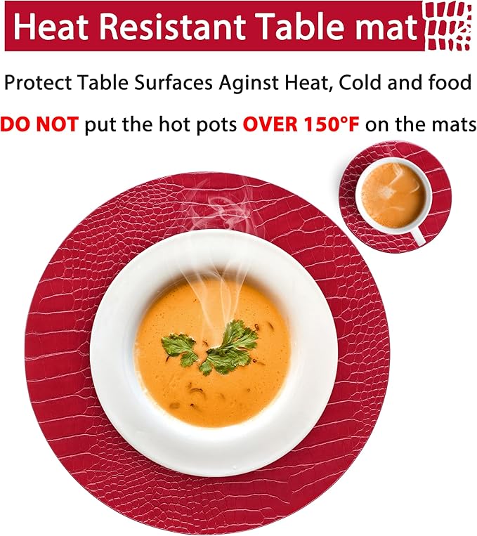 Jovono Round Leather Placemats for Round Tables Set of 4, Red Place Mats and Coasters, Wipeable Waterproof Heat Resistant Table Mats Easy to Care for Indoor Decor 13 inch Diameter