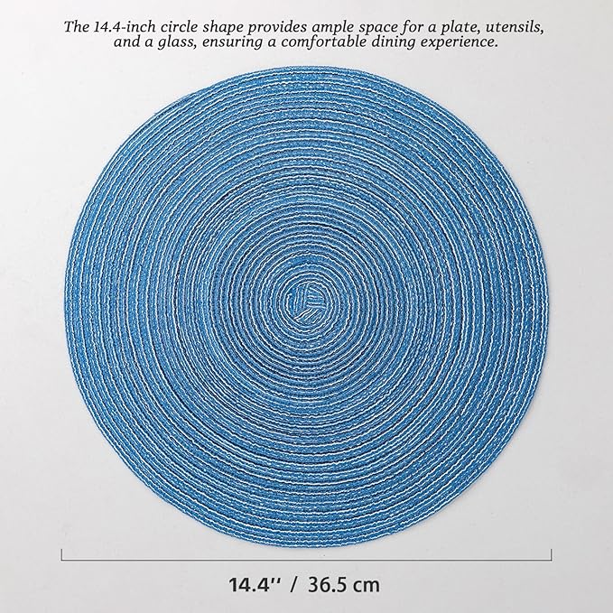Round Placemats Set of 6 Woven Placemats Washable Braided Table Mats for Dining Table Heat Resistant Non-Slip Circle Place Mats(Mid Blue)