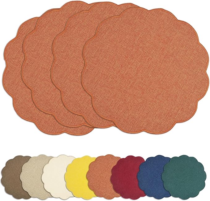 AHHFSMEI Round Faux Linen Placemats Set of 4 Waterproof Table Mats Heat Resistant Non-Slip and Stain Proof for Kitchen Dining Elegant Decor (Burnt Orange,4)