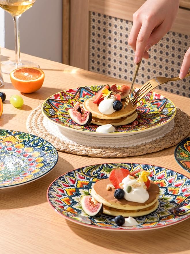 Henten Home Ceramic Dessert Plates Set of 6, 8.5 Inch Porcelain Salad Plate, Colorful Bohemian Style Serving Dishes for Cake, Snack, Appetizer, Decorations, Dishwasher & Microwave Safe