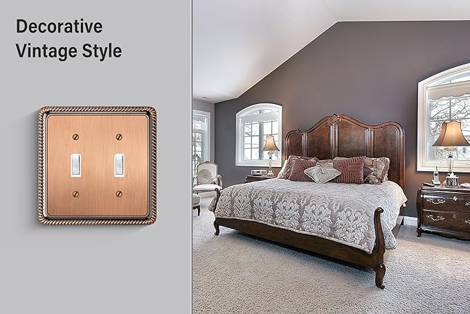Henne Bery Rope Edge Decorative Wall Plate Switch Plate Outlet Cover (Double Toggle, Antique Copper)