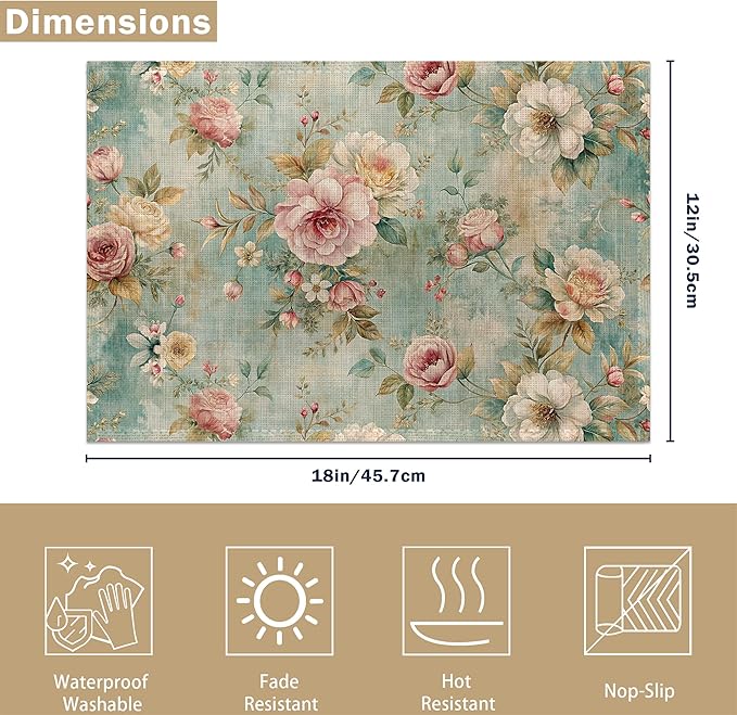 Pink Flowers Leaves Placemats Set of 6, Linen Washable for Christmas, Thanksgiving, Party, and Daily Dining, Decorative Table Mats for 4-6 Person Table