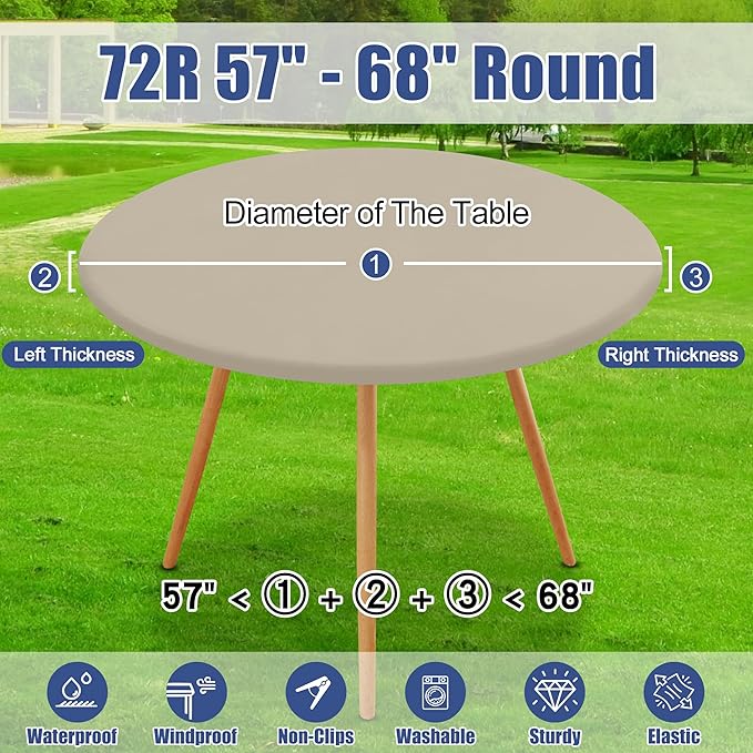 Round Spandex Tablecloth 2 Pack, Elastic Fitted Waterproof Tablecloths for 57"-68" Tables, Stretch Washable Picnic Table Cover for Camping, Dining, Indoor and Outdoor, Taupe