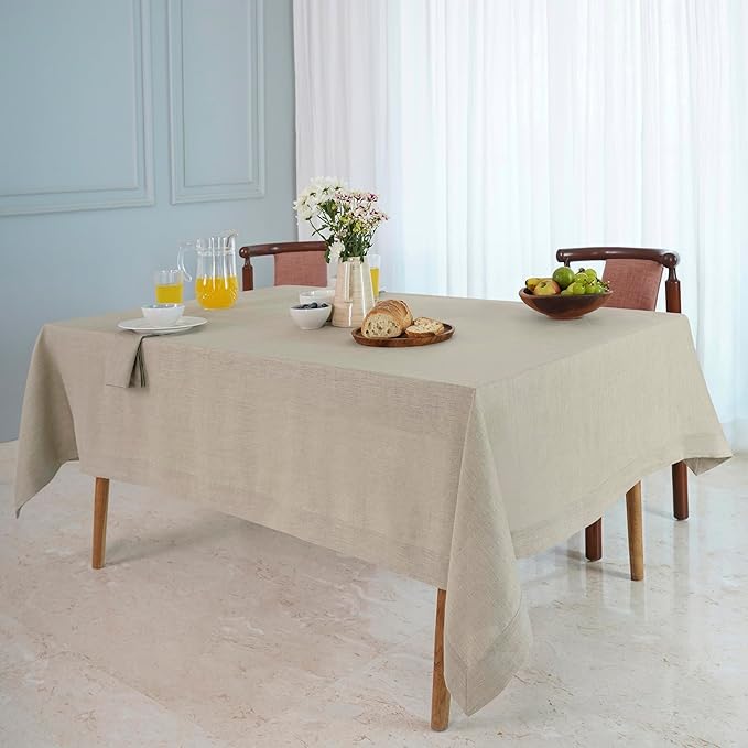 D'Moksha Homes Linen Natural Tablecloth 60 x 102 Inch - 100% Pure Linen Rectangular Table Cloth - Machine Washable Tablecloth for Valentines, Spring, Easter