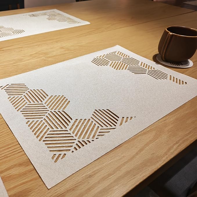 Cloth Placemats Set of 6 for Dining Table, Decorative Placemats with Hollow Design Table Cloth Set, Table Mats for Dining Table 12"x18" Cream