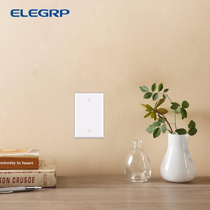 ELEGRP 1-Gang Blank Device Wall Plates, Mid-Size 4.88" H x 3.13" L Unbreakable Thermoplastic Blank Faceplate Cover for Unused Outlets/Switches, UL Listed (2 Pack, Glossy White)