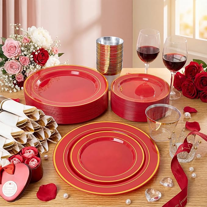350Pieces Red Plastic Plates with Gold Rim Include 50Dinner Plate 10”, 50Dessert Plate 7”, 50 gold Cups 9 OZ, 50 Pre Rolled Napkins for Party Valentine's Day