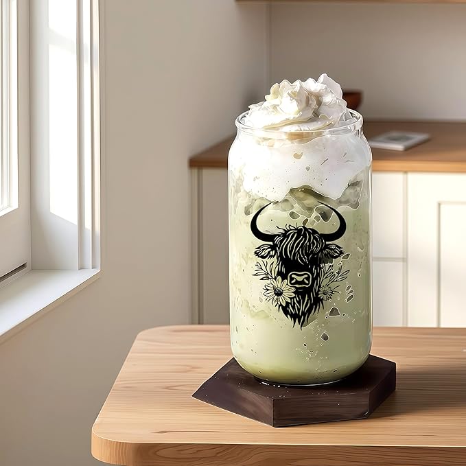 Cute Highland Cow Glass Cup With Lids And Straws, Highland Cow Gift For Women, Iced, Coffee, Smoothie, Cocktail, Beer, Whiskey, Soda, Matcha,16 Oz, Home Office Table Desk Decoration!
