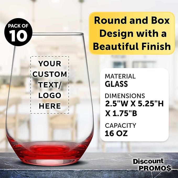 DISCOUNT PROMOS 10 Vaso Silicia Stemless Wine Glasses Set, 16 oz. - Personalized Text, Logo - Clear, Orb-Like, Thick base - Red