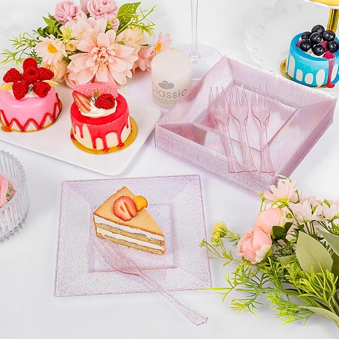 DaYammi 100Pcs Pink Dessert Plates with Forks Including 50Pcs Appetizer Plates,50Pcs Plastic Forks,Glitter Square Plate pink Disposable plates for Wedding,Plastic Cake Plate for Valentine's Day Party