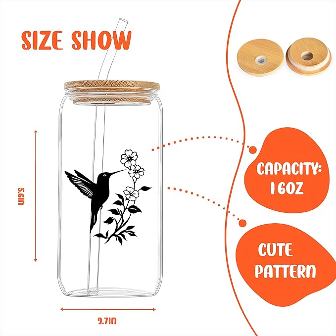 Cute Hummingbird Glass Cup With Lids And Straws, Hummingbird Gift For Women, Iced, Coffee, Smoothie, Cocktail, Beer, Whiskey, Soda, Matcha,16 Oz, Home Office Table Desk Decoration!