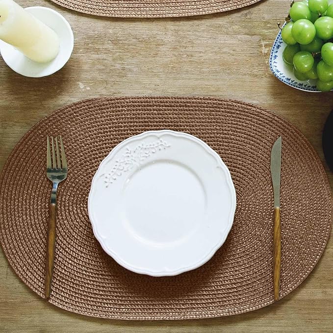 FunWheat Oval Braided Placemats Set of 4 Table Mats for Dining Tables Washable Heat Resistant Place Mats for Indoor Outdoor Use 12 x18 Inch(Oval Light Brown, 4pcs)