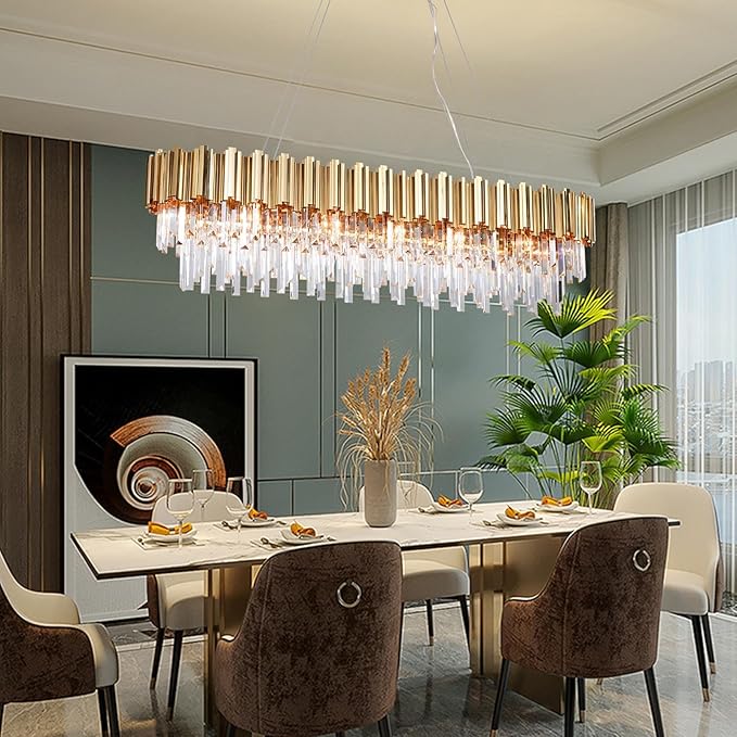 L51.2 Gold Rectangle Crystal Chandelier for Dining Room Modern Luxury Linear Light Fixture for Kitchen Island Contemporary Pendant Ceiling Light Oval Raindrop Chandelier Lighting 19-Light