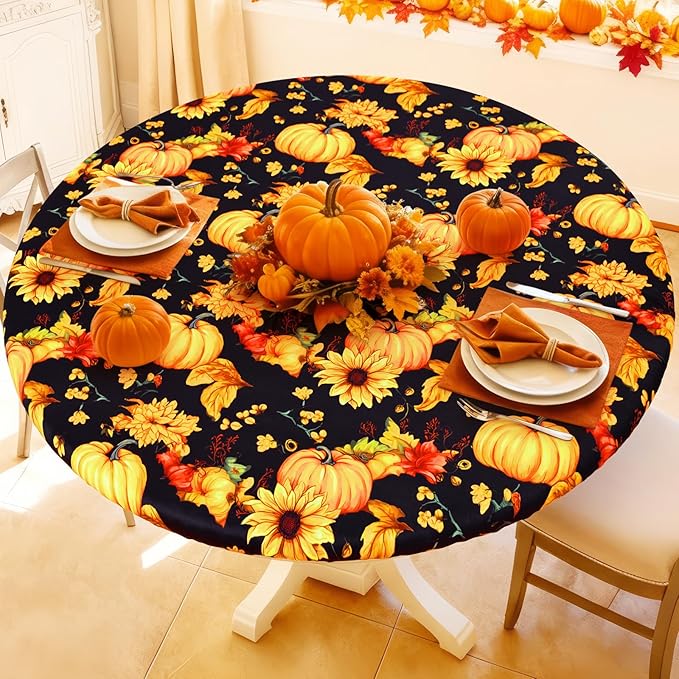 Round Spandex Thanksgiving Tablecloth, Elastic Fitted Waterproof Tablecloths for 57"-68" Tables, Stretch Washable Picnic Table Cover for Autumn Harvest Parties, Pumpkin Sunflower