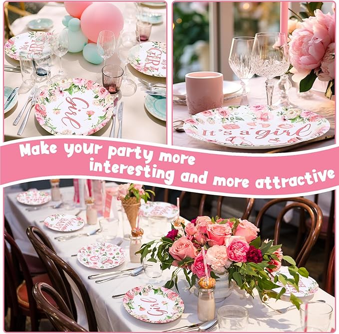 60 Pcs 7 Inch Baby Shower Paper Plates Girl Pink Floral Baby Shower Plates Decorations Sweet Tableware It's a Girl Party Supplies Favors for Gender Reveal Theme Party