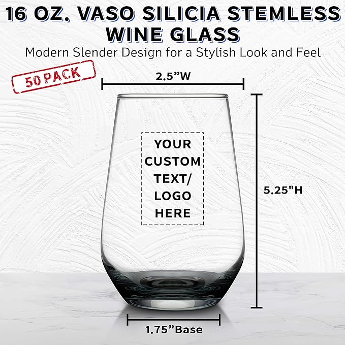 DISCOUNT PROMOS 50 Vaso Silicia Stemless Wine Glasses Set, 16 oz. - Personalized Text, Logo - Clear, Orb-Like, Thick base - Black