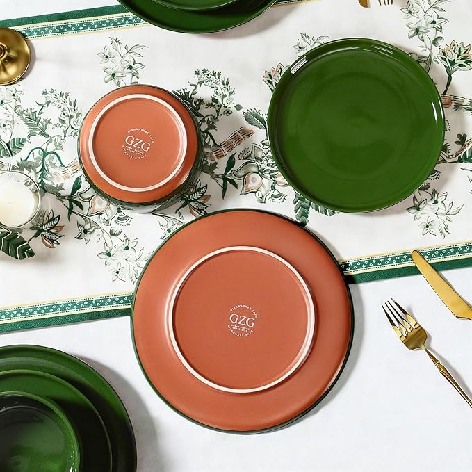 GZG Modern Art Series - 24 Pcs Speckled Stoneware Plates and Bowls Sets, Ceramic Dinnerware Set with Rustic Terracotta Underside, Microwave and Dishwasher Safe Handcrafted Dishes Set - Verdant Green