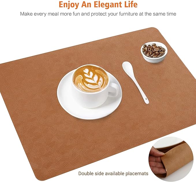 Vinyl Placemats Set of 12 Heat Resistant Easy Clean Non-Slip Place Mats for Dining Table Faux Leather Waterproof Stain Resistant Wipeable Washable PVC Table Mats(12, Light Brown)