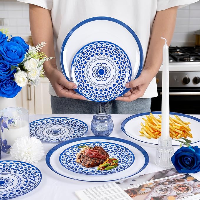 EI 60pcs Blue Plastic Plates Disposable Blue and White Floral Baroque Plastic Plates Fancy Decorative Plate Disposable Heavy Duty with Retro Classic Art Suitable for for Party,Birthday,Wedding