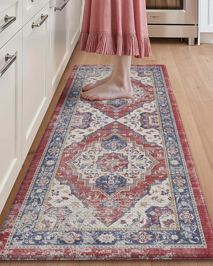 Color&Geometry Kitchen Floor Mats Anti Fatigue, Cushioned Boho Rugs,Waterproof Non Slip Kitchen Runner for Sink, Standing Mats for Office,24"x59",Red