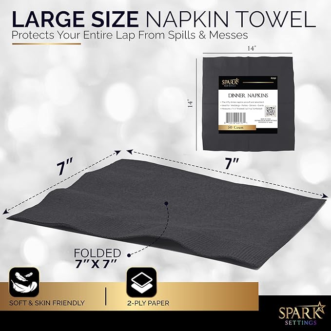Big Party Pack 40 Count Black Dinner Napkins Tableware- Ideal for Wedding, Party, Birthday, Dinner, Lunch, Cocktails. (7” x 7”)