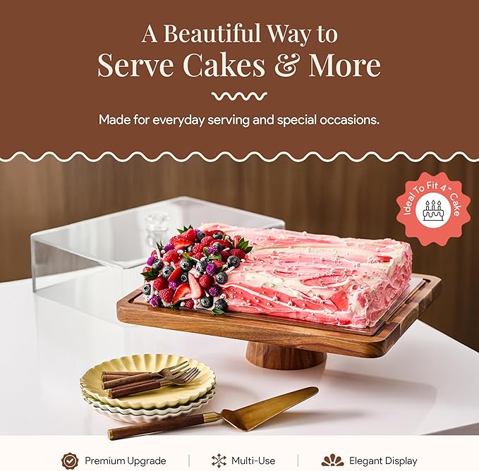 Acacia Wood Valentine Cake Stand with Lid - Rectangle Holder for Valentine's Baking, 2-in-1 Dessert Display & Charcuterie Board, Valentine's Day Serving Platter, Acrylic Dome Cover