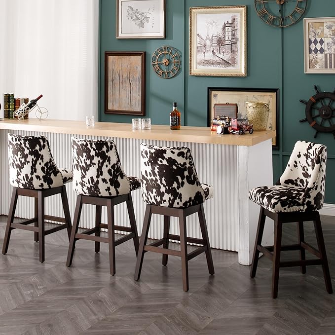 Counter Height Bar Stools Set of 4 Swivel Velvet Kitchen Stool Chairs with Back Mid Century Modern Barstool with Distressed Wood Legs for Dining Bar, Cow