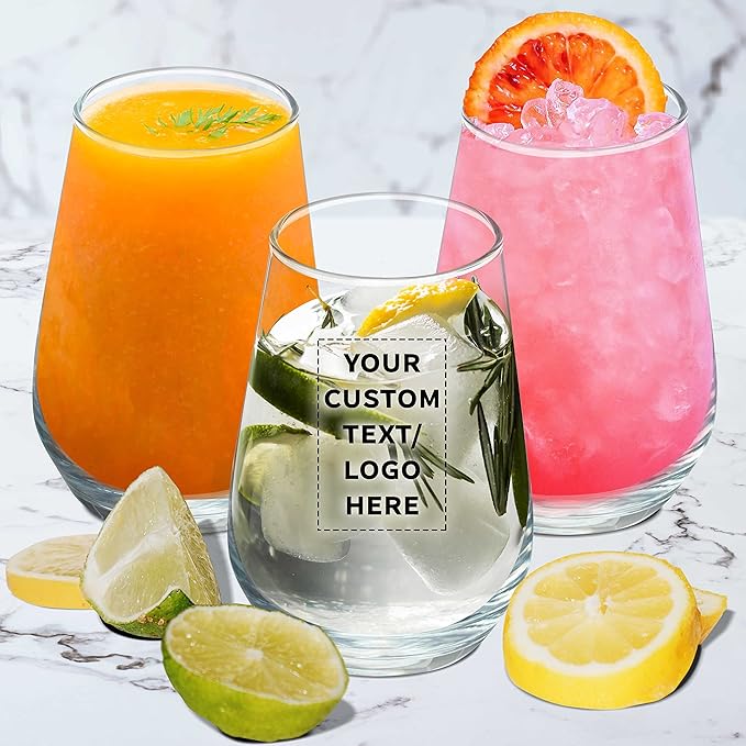 DISCOUNT PROMOS 100 Vaso Silicia Stemless Wine Glasses Set, 16 oz. - Personalized Text, Logo - Clear, Orb-Like, Thick base - Clear