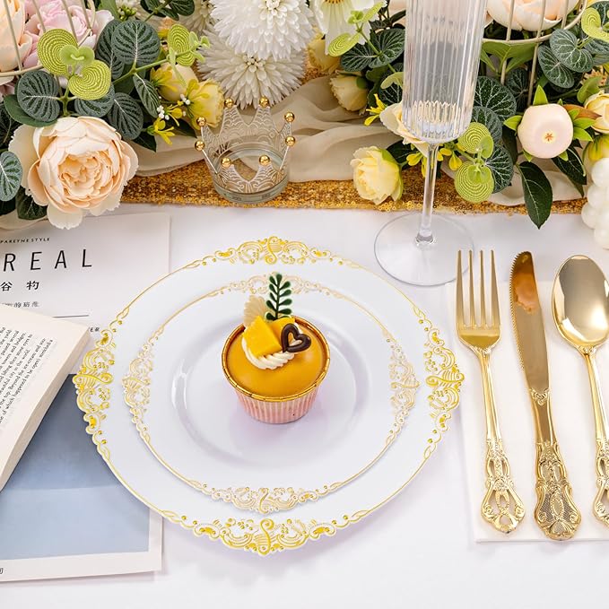 102PCS White and Gold Plastic Plates - Heavy Duty Gold Disposable Plates Include 51PCS 7.5inch Dessert Plates, 51PCS 10.25inch Dinner Plates for Wedding & Parties